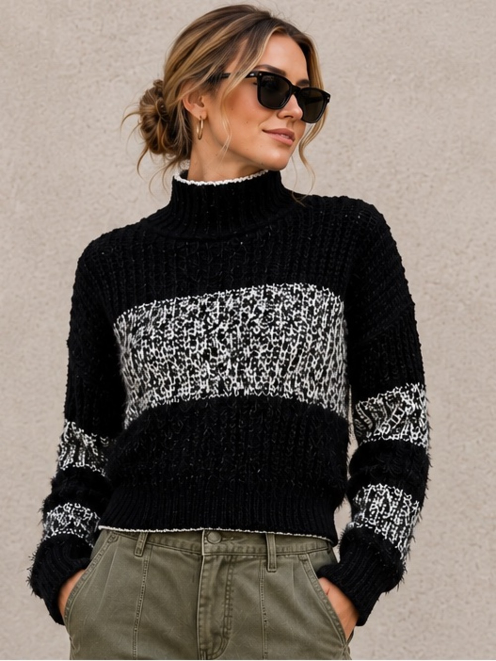 Free People Black White Cropped Knit Mock Neck Dolman Sweater S/P